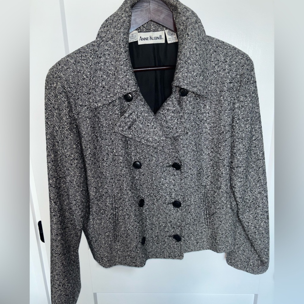 ANNE KLEIN II WOOL TWEED JACKET BLACK & WHITE DOUBLE BREASTED BLACK BUTTON SZ 12